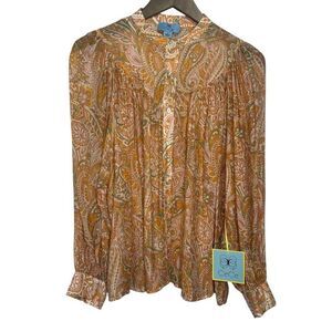 CeCe Paisley Flowy Blouse Womens Small Orange Long Sleeve Peasant Boho Artsy